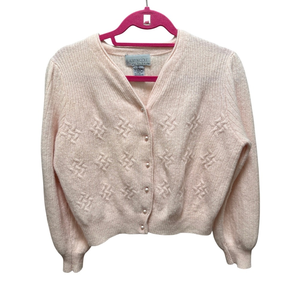 Lauren Cole Cardigan Women Small Pink Angora Lambswool Pearl Button Vintage Knit